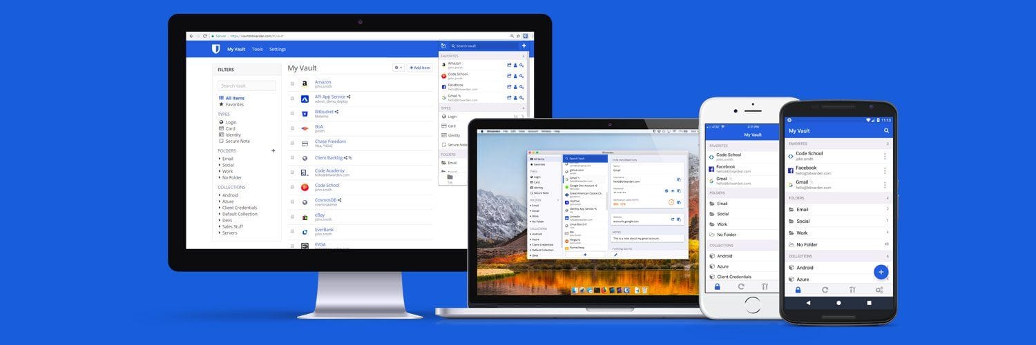 Bitwarden app on multiple devices, including smartphones, a laptop, and desktop PC