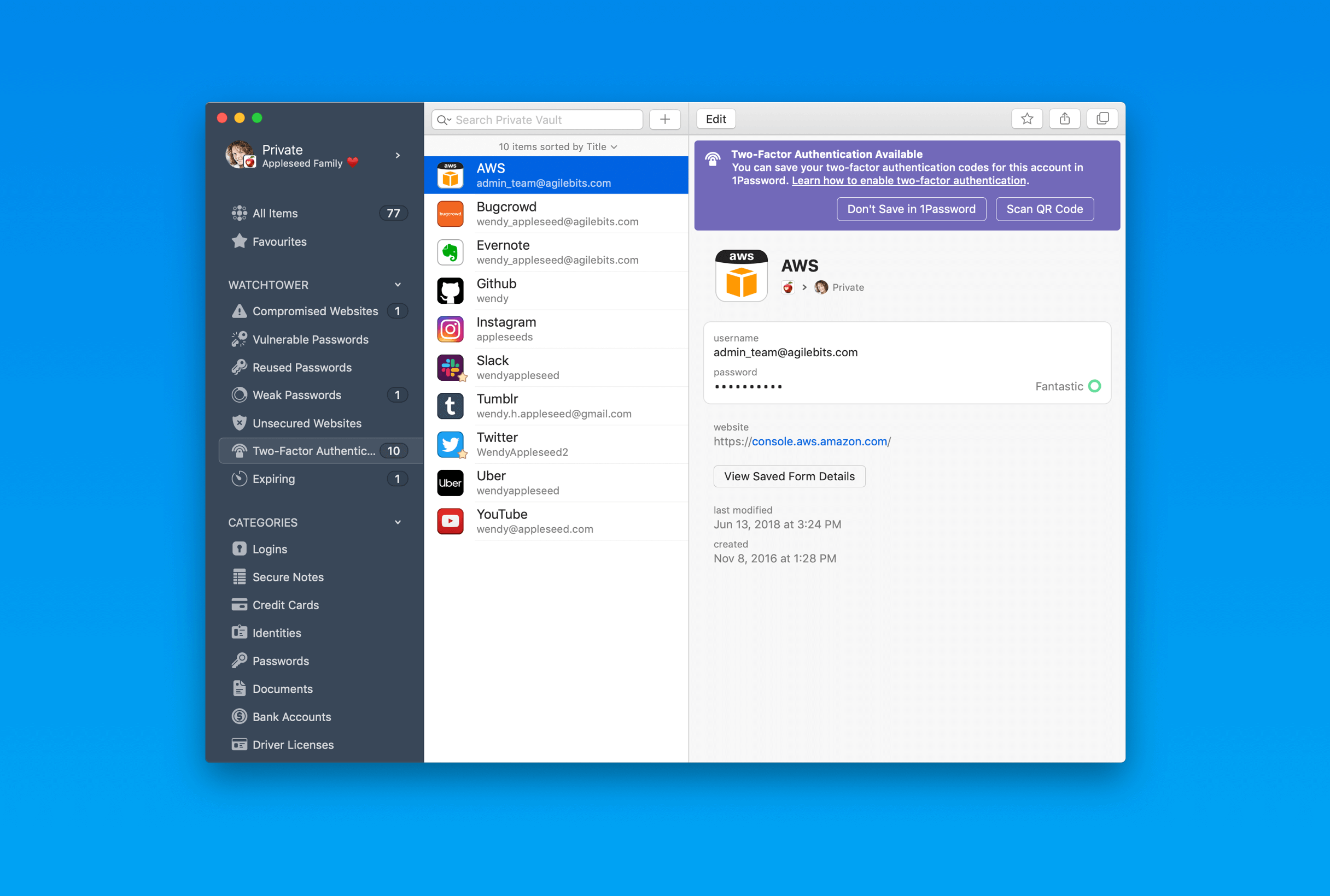 Screenshot of 1Password on a Mac highlighting the Watchtower feature