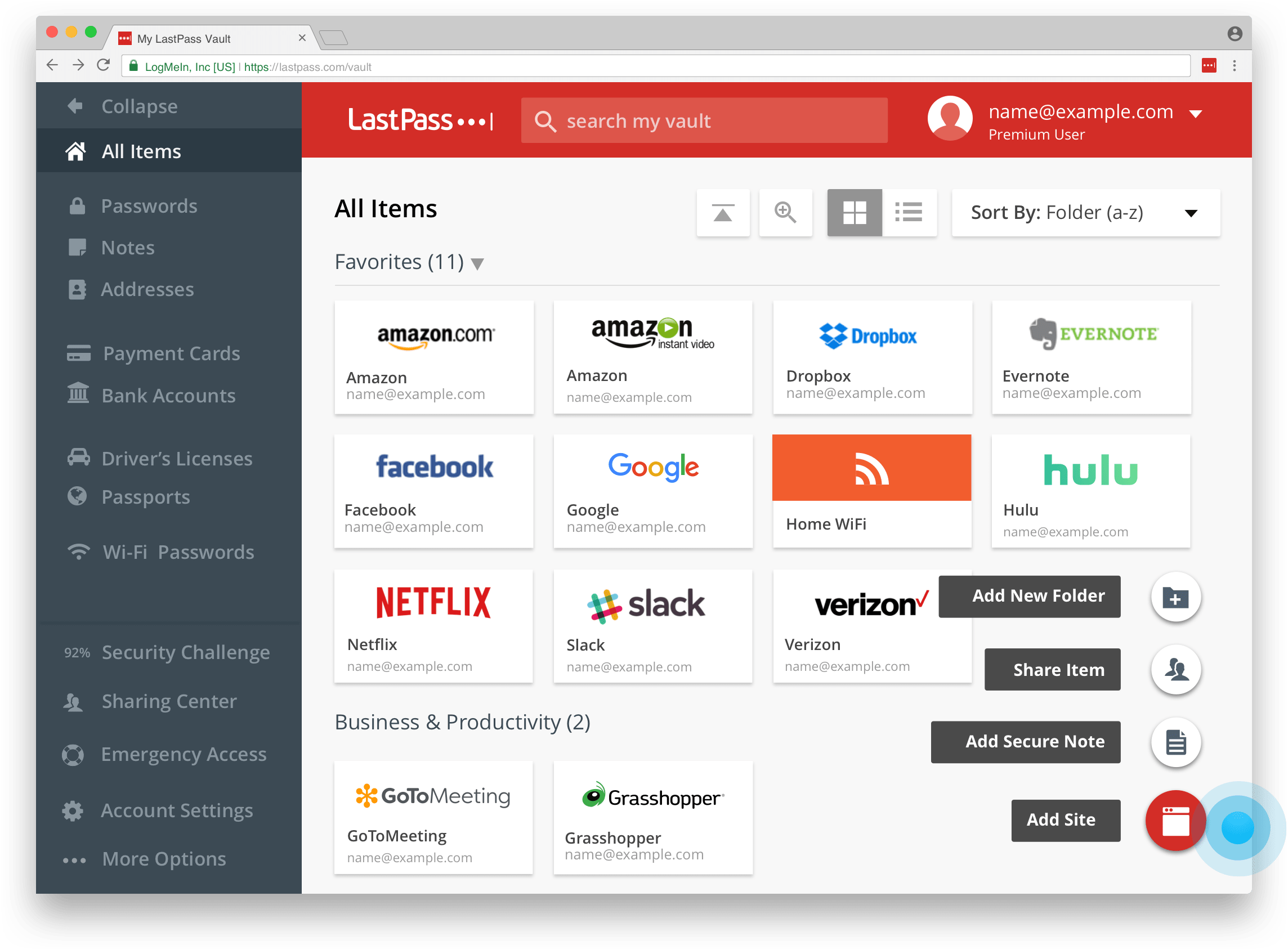 The LastPass Vault accessed through a web browser
