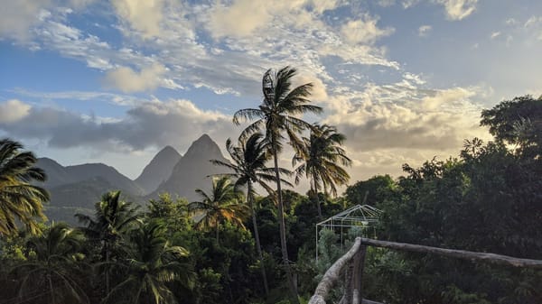 View of the Piton mountains from a balcony in St Lucia